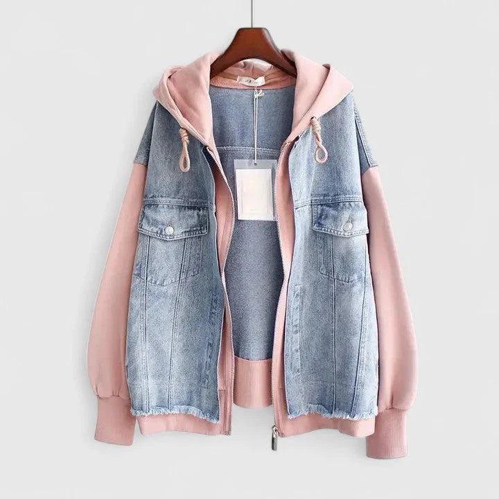 Women's colourblock zip-up hood denim jacket with contrast sleeves – Pink