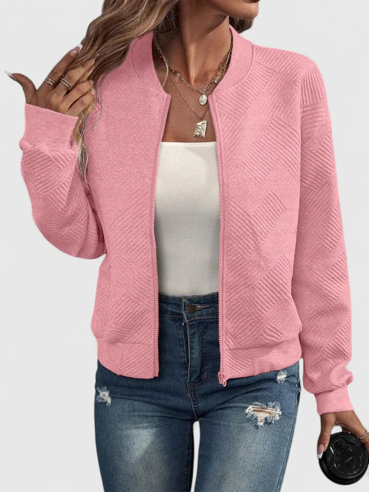 Women's knit zip-up stand collar bomber jacket with chevron textured – Pink