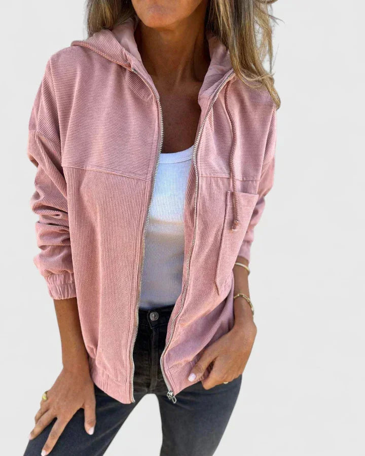 Women's corduroy zip-up hood jacket with elasticated cuffs and hem – Pink