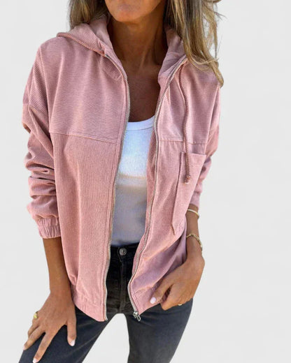 Women's corduroy zip-up hood jacket with elasticated cuffs and hem – Pink