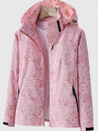 Women's zip-up hood jacket with leaf print – Pink
