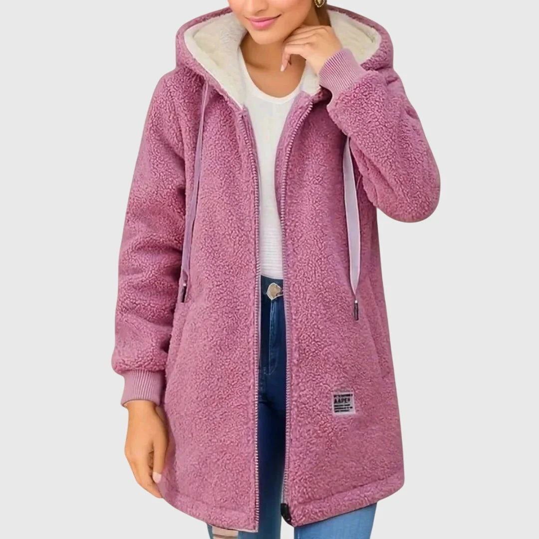 Women's borg zip-up hood long coat with drawstring – Pink