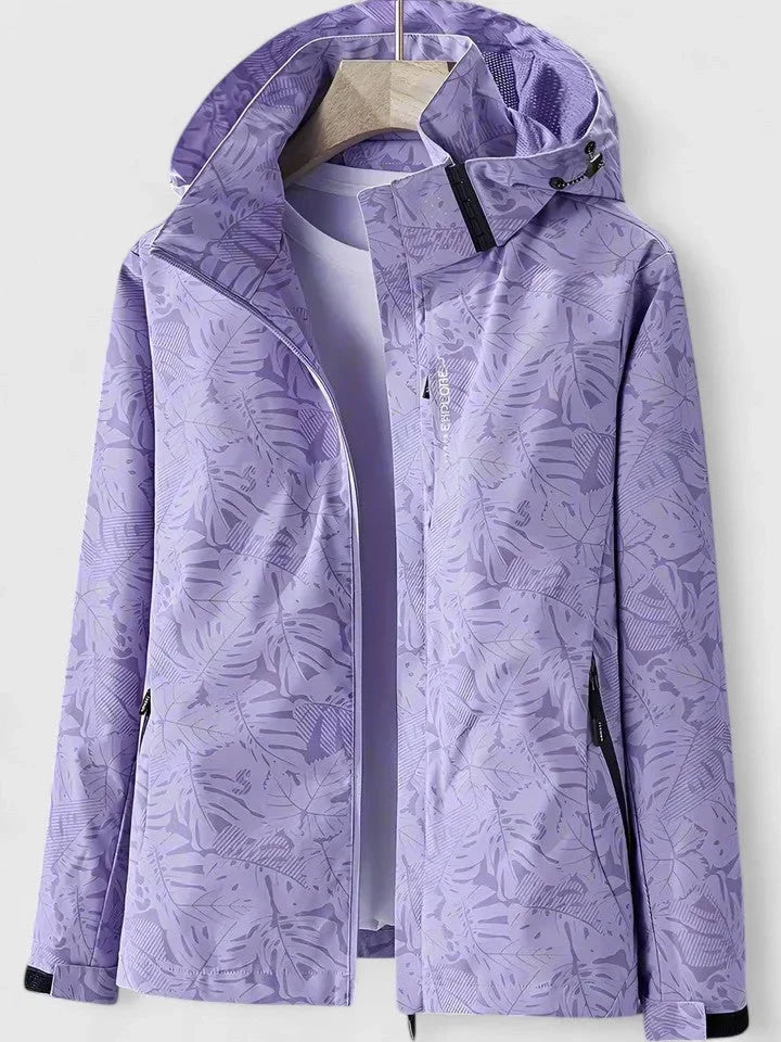 Women's zip-up hood jacket with leaf print – Purple