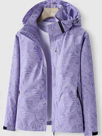 Women's zip-up hood jacket with leaf print – Purple