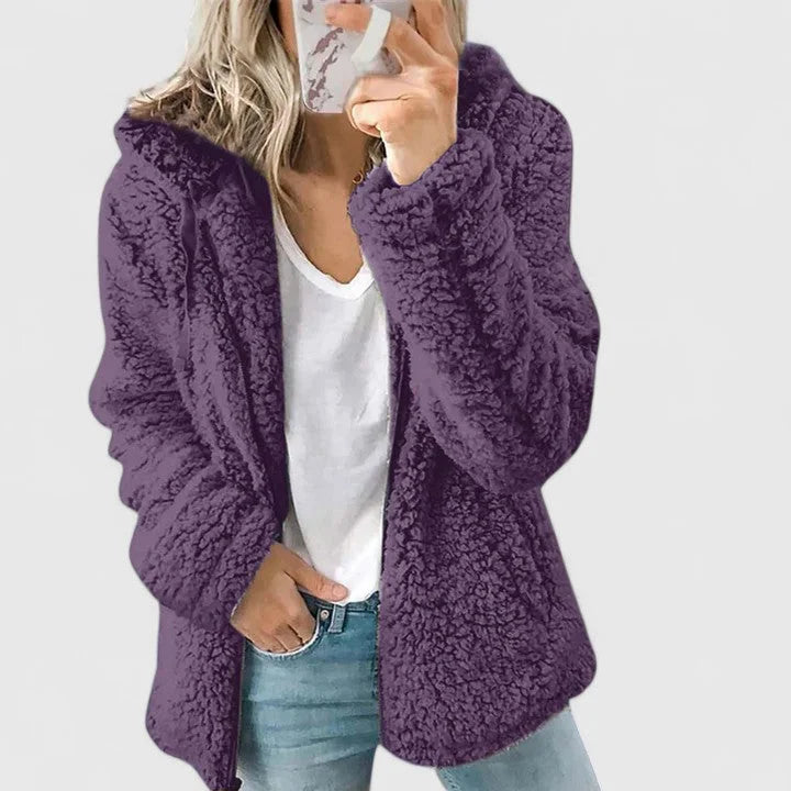 Women's borg zip-up hood long coat with sherpa fleece – Purple