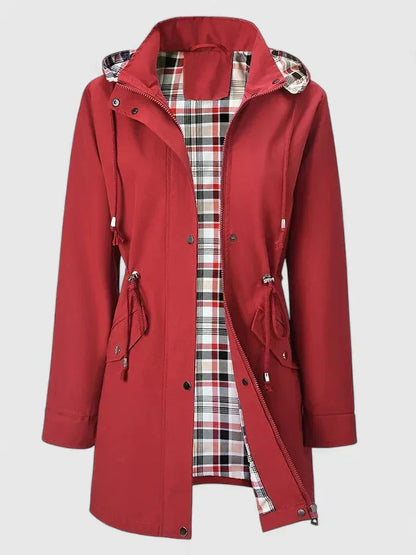 Women's zip-up hood parka with drawstring waist – Red