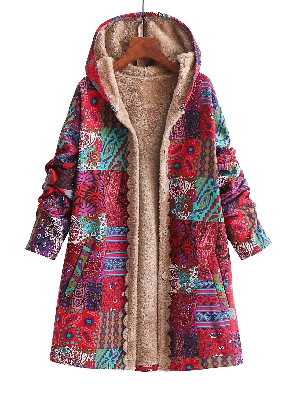 Women's borg button-front hood parka with patchwork print – Red