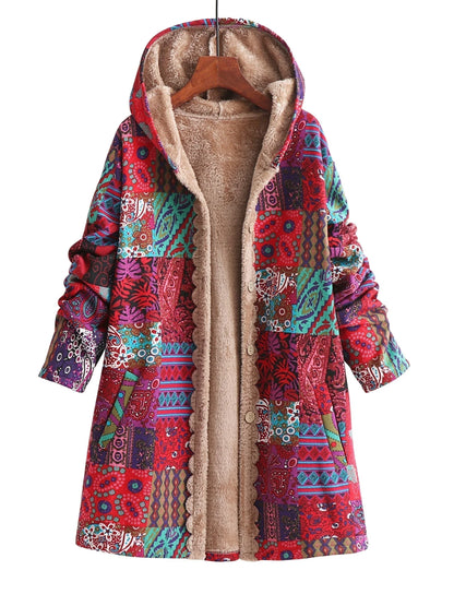 Women's borg button-front hood parka with patchwork print – Red