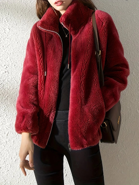 Women's borg zip-up stand collar jacket with drawstring – Red