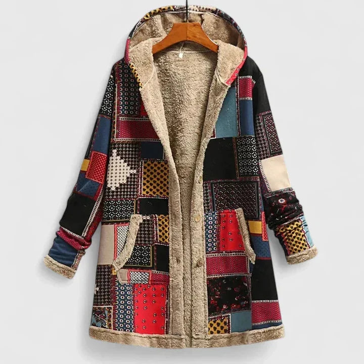 Women's floral zip-up hood parka with sherpa lining – Red