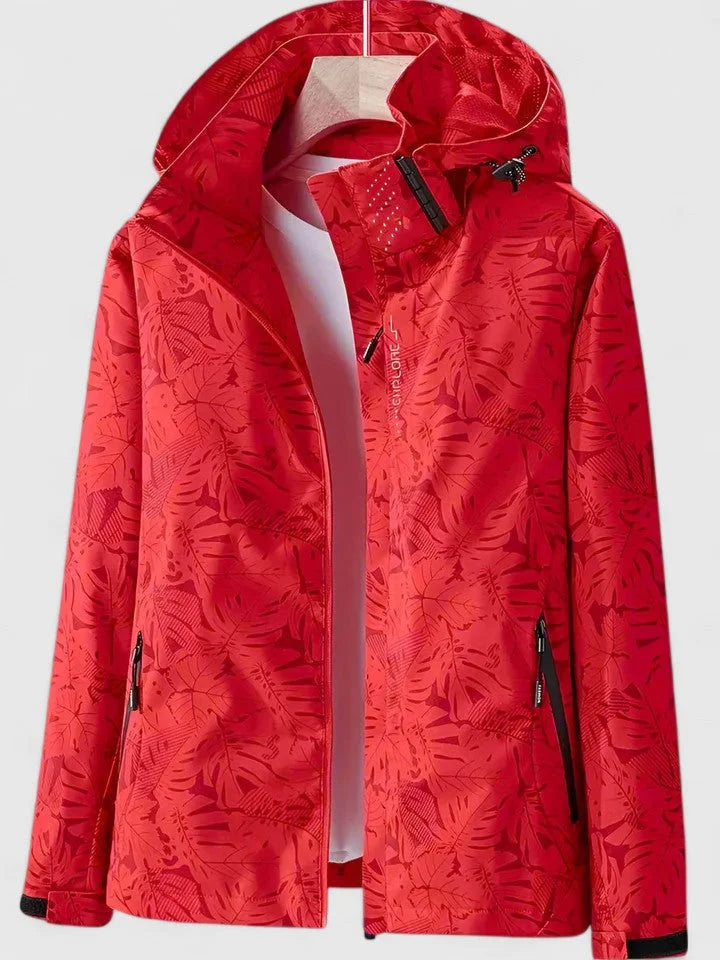 Women's zip-up hood jacket with leaf print – Red