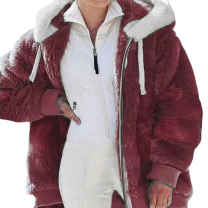 Women's colourblock borg zip-up long coat with ribbed cuffs – Red