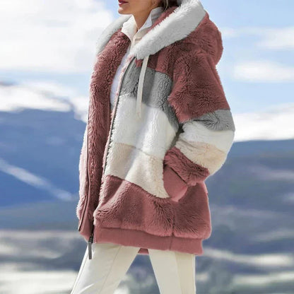 Women's colourblock borg zip-up long coat with ribbed cuffs – Red Stripes