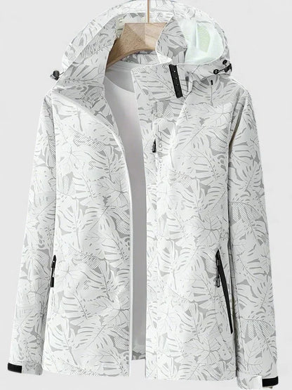 Women's zip-up hood jacket with leaf print – White