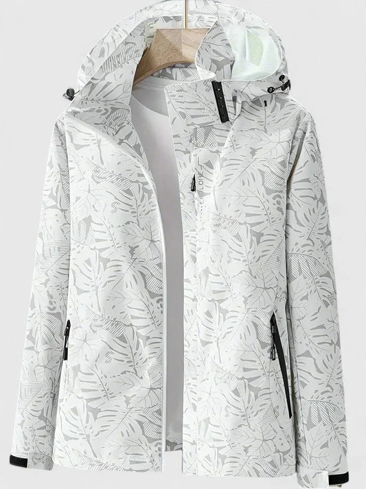 Women's zip-up hood jacket with leaf print – White
