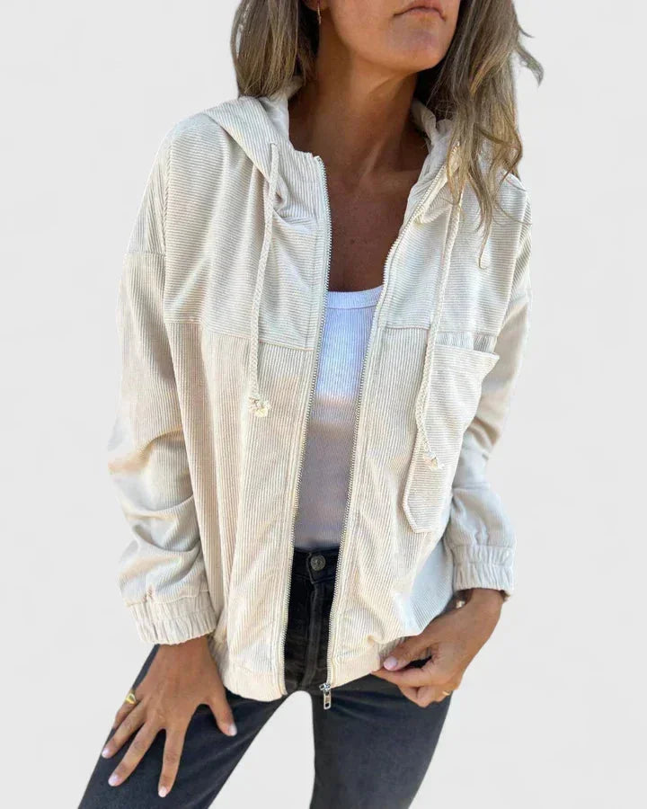 Women's corduroy zip-up hood jacket with elasticated cuffs and hem – White