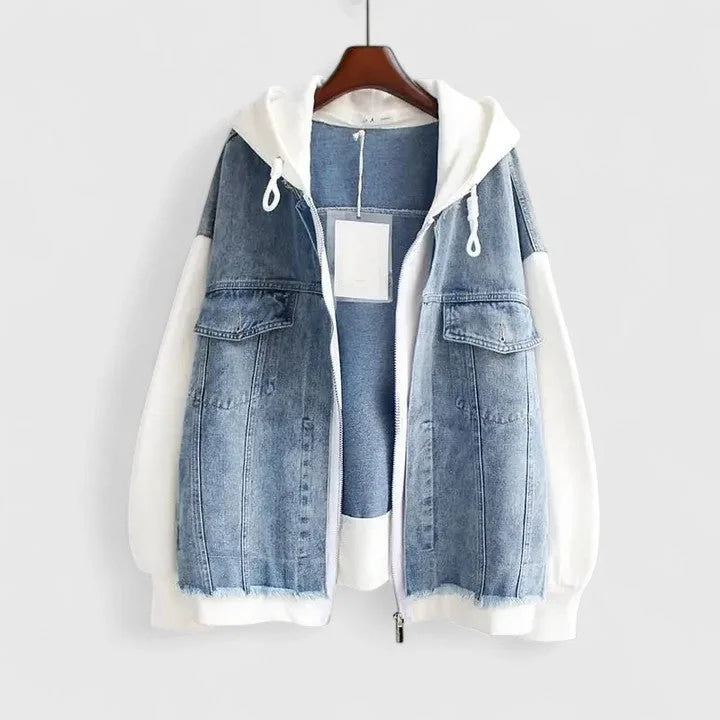 Women's colourblock zip-up hood denim jacket with contrast sleeves – White