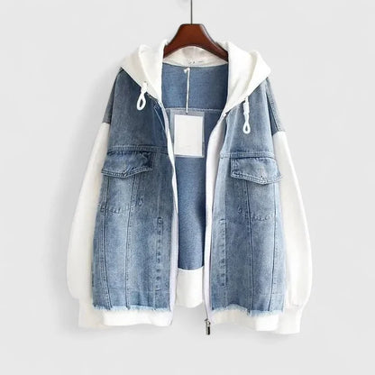 Women's colourblock zip-up hood denim jacket with contrast sleeves – White