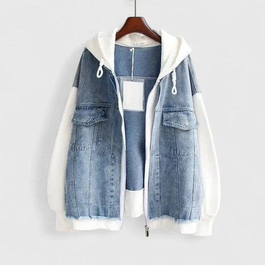 Women's colourblock zip-up hood denim jacket with contrast sleeves – White