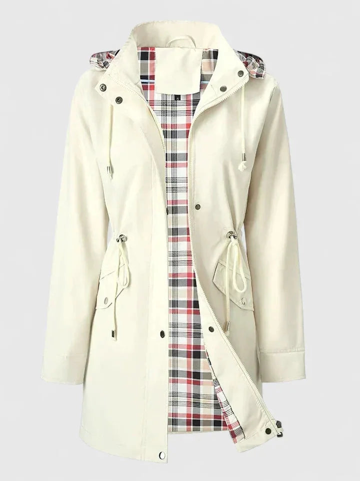 Women's zip-up hood parka with drawstring waist – White