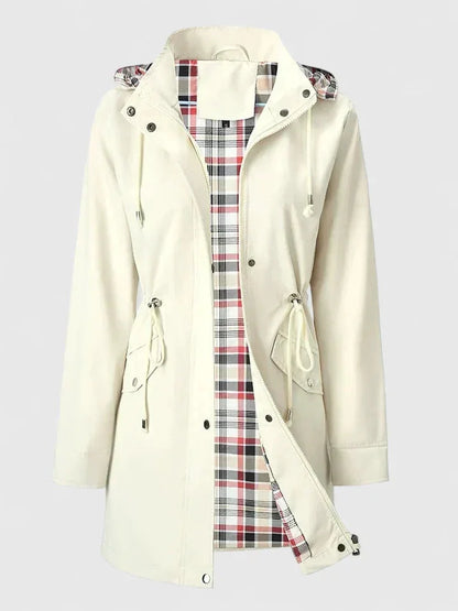 Women's zip-up hood parka with drawstring waist – White