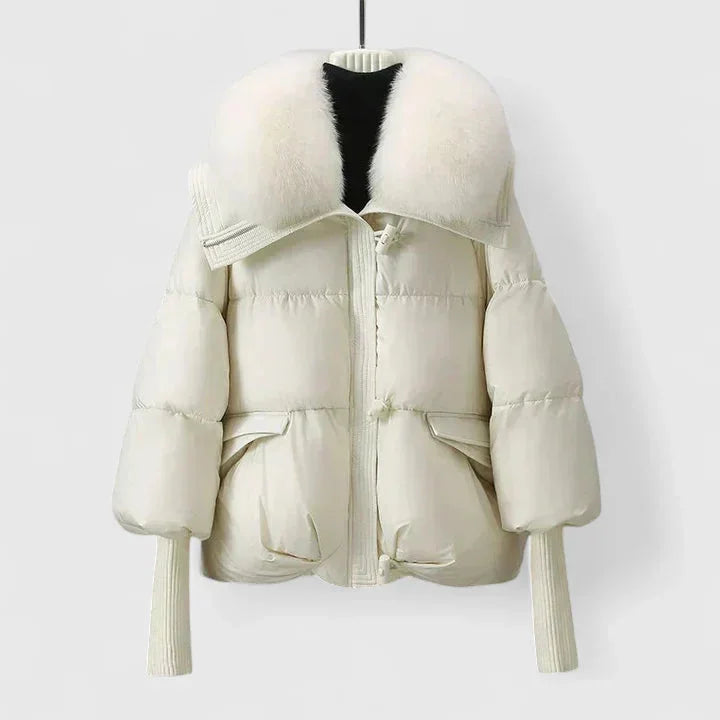 Women's quilted toggle collared puffer jacket with faux fur – White