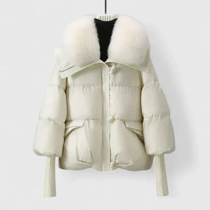 Women's quilted toggle collared puffer jacket with faux fur – White