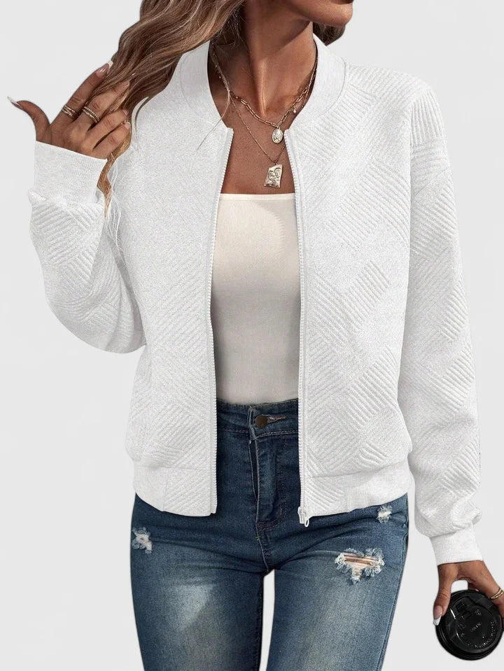 Women's knit zip-up stand collar bomber jacket with chevron textured – White