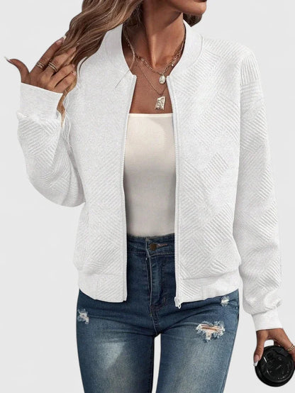 Women's knit zip-up stand collar bomber jacket with chevron textured – White