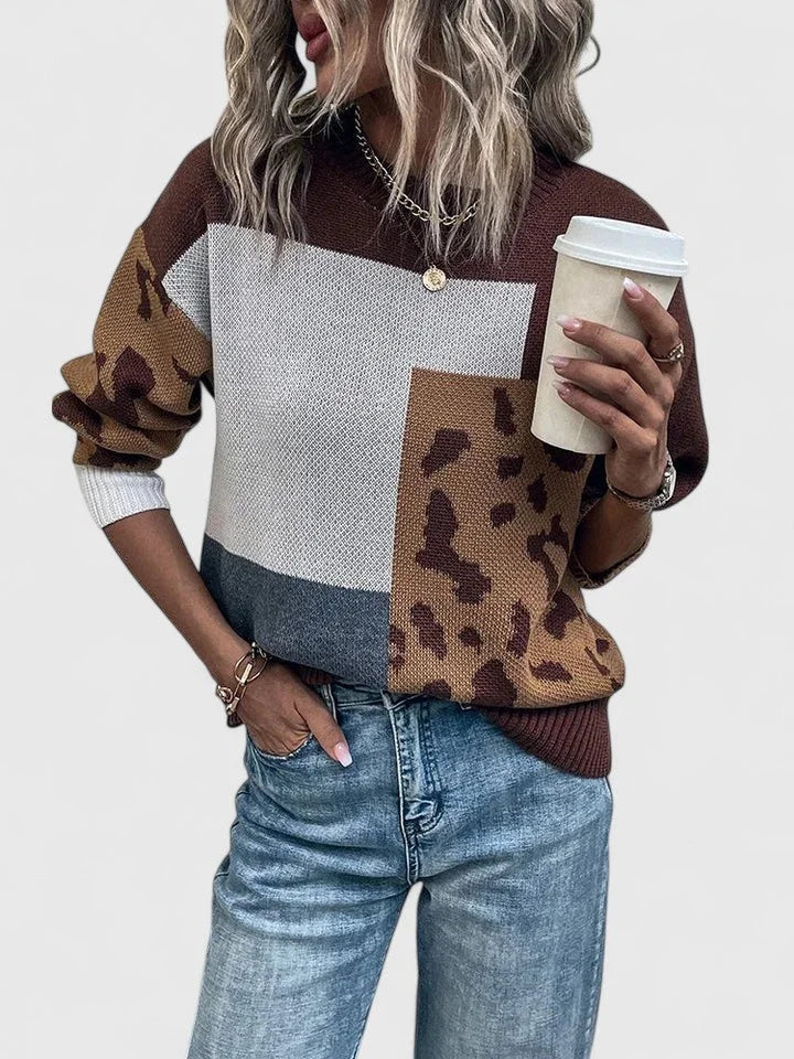 Women's colourblock knit crew neck jumper with leopard print panels