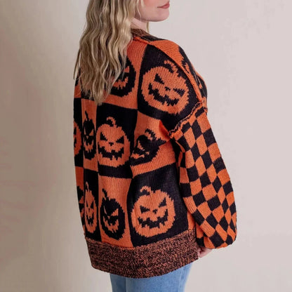 Women's knit crew neck jumper with halloween block pattern