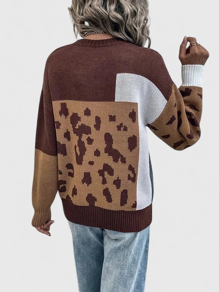 Women's colourblock knit crew neck jumper with leopard print panels