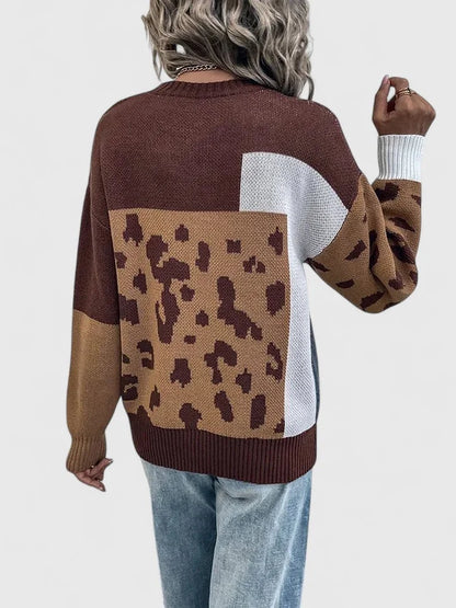 Women's colourblock knit crew neck jumper with leopard print panels