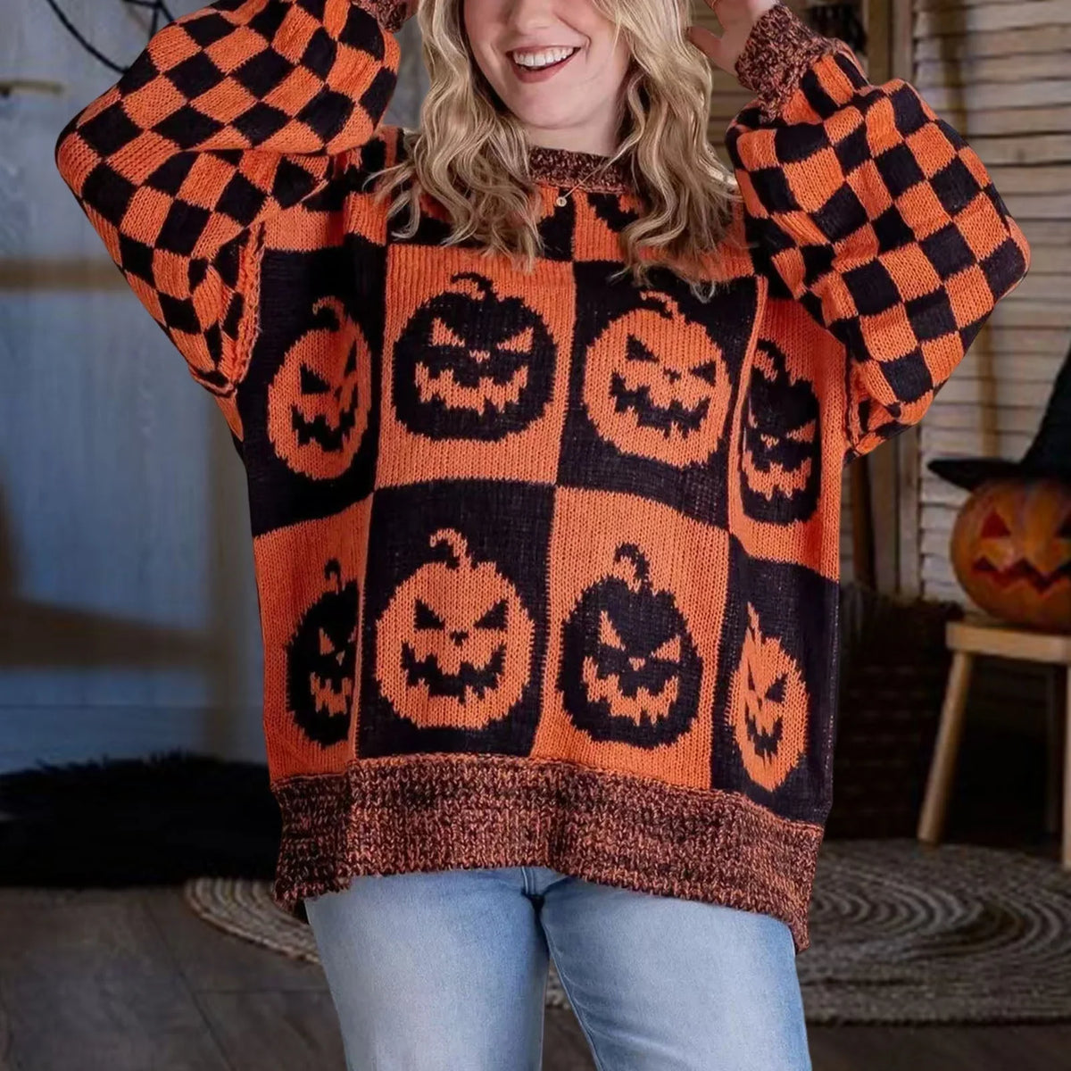 Women's knit crew neck jumper with halloween block pattern