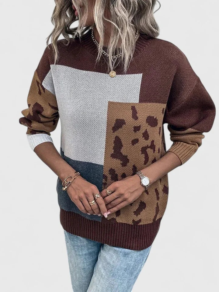 Women's colourblock knit crew neck jumper with leopard print panels