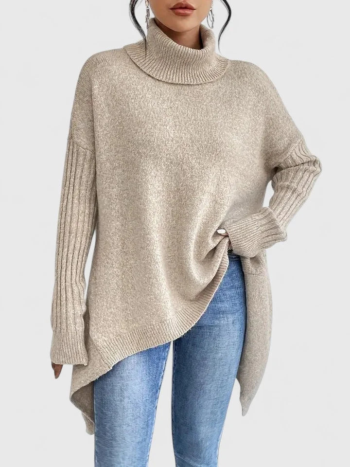 Women's knit roll neck jumper with asymmetrical high-low hem