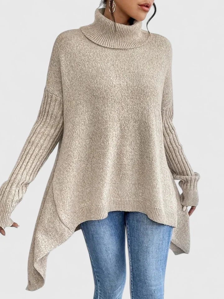 Women's knit roll neck jumper with asymmetrical high-low hem