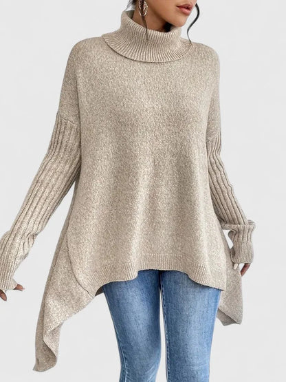 Women's knit roll neck jumper with asymmetrical high-low hem