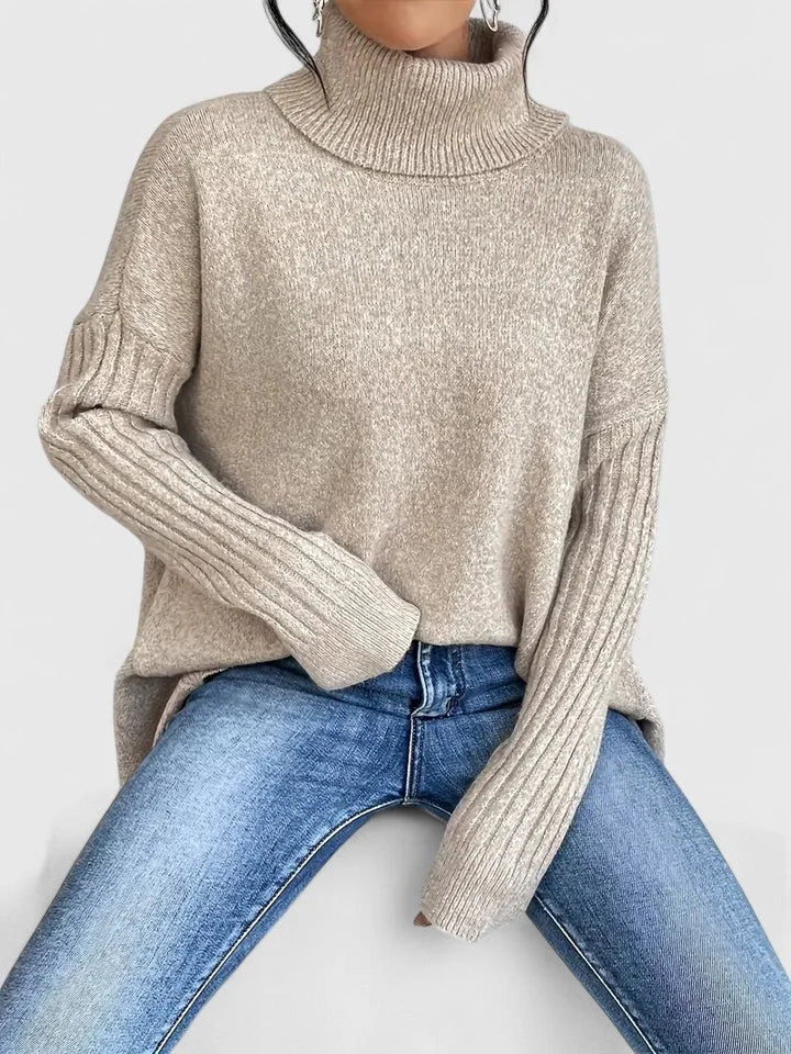 Women's knit roll neck jumper with asymmetrical high-low hem