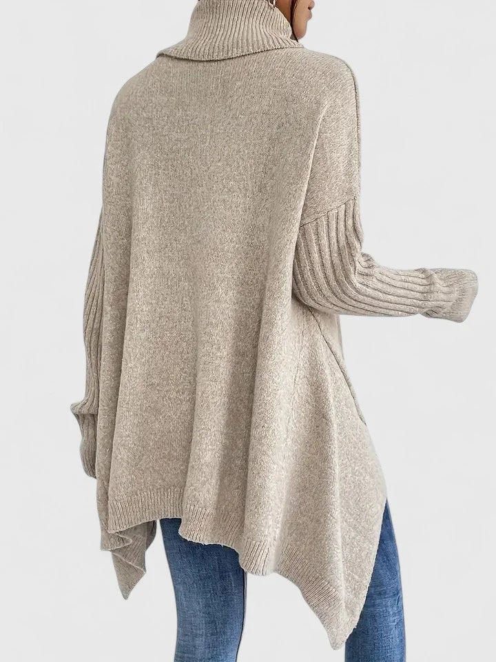 Women's knit roll neck jumper with asymmetrical high-low hem