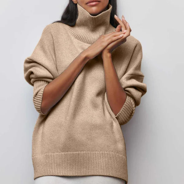 Women's knit roll neck jumper with ribbed cuffs – Beige