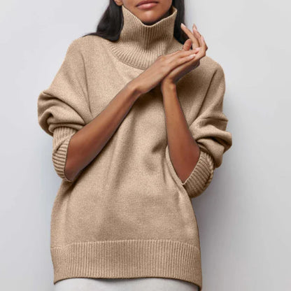 Women's knit roll neck jumper with ribbed cuffs – Beige