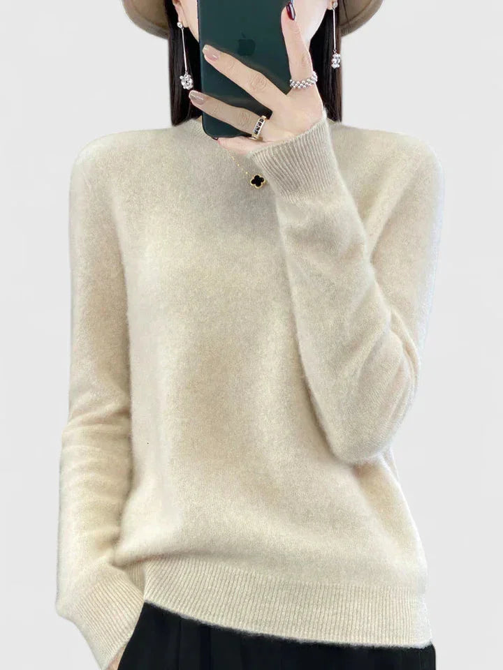 Women's knit crew neck jumper with fuzzy texture – Beige