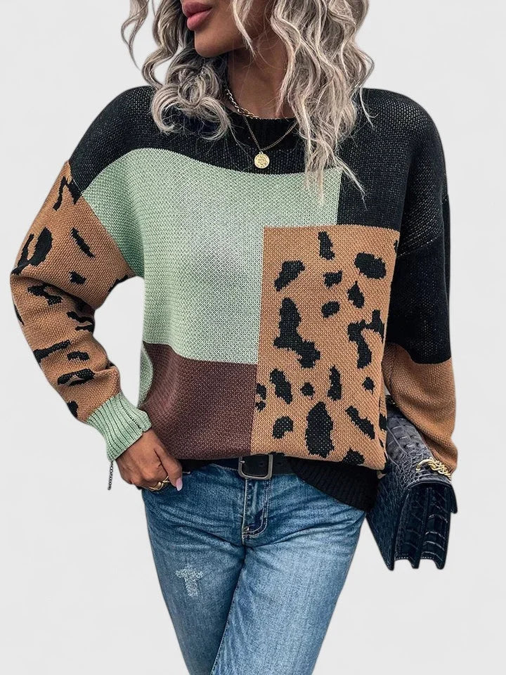 Women's colourblock knit crew neck jumper with leopard print panels – Black