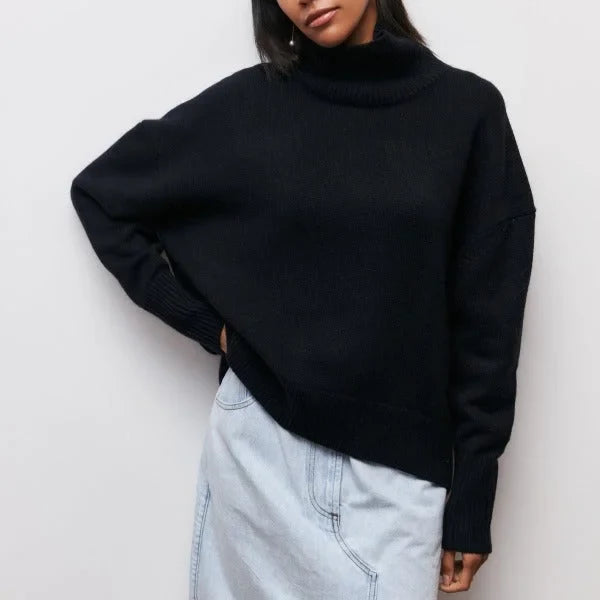 Women's knit roll neck jumper with ribbed cuffs – Black