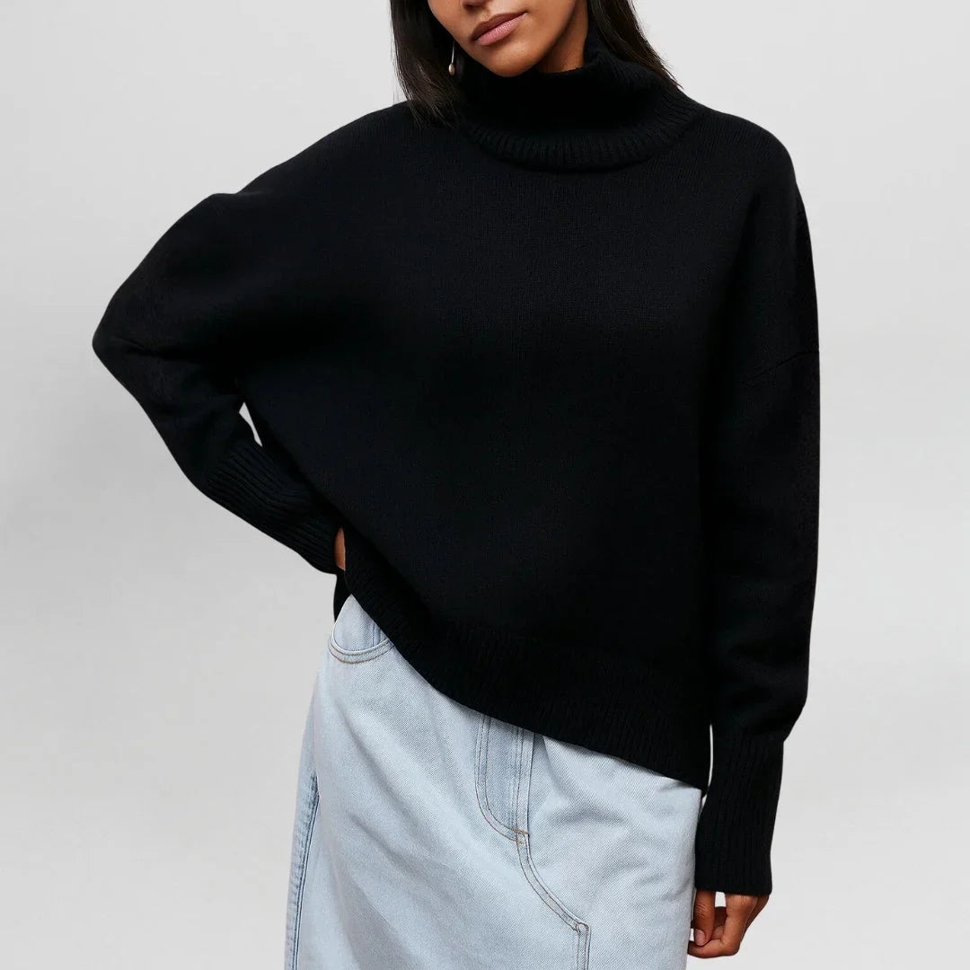 Women's knit roll neck jumper with collar – Black