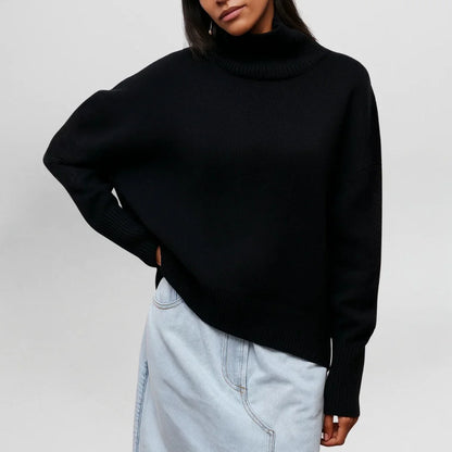 Women's knit roll neck jumper with collar – Black