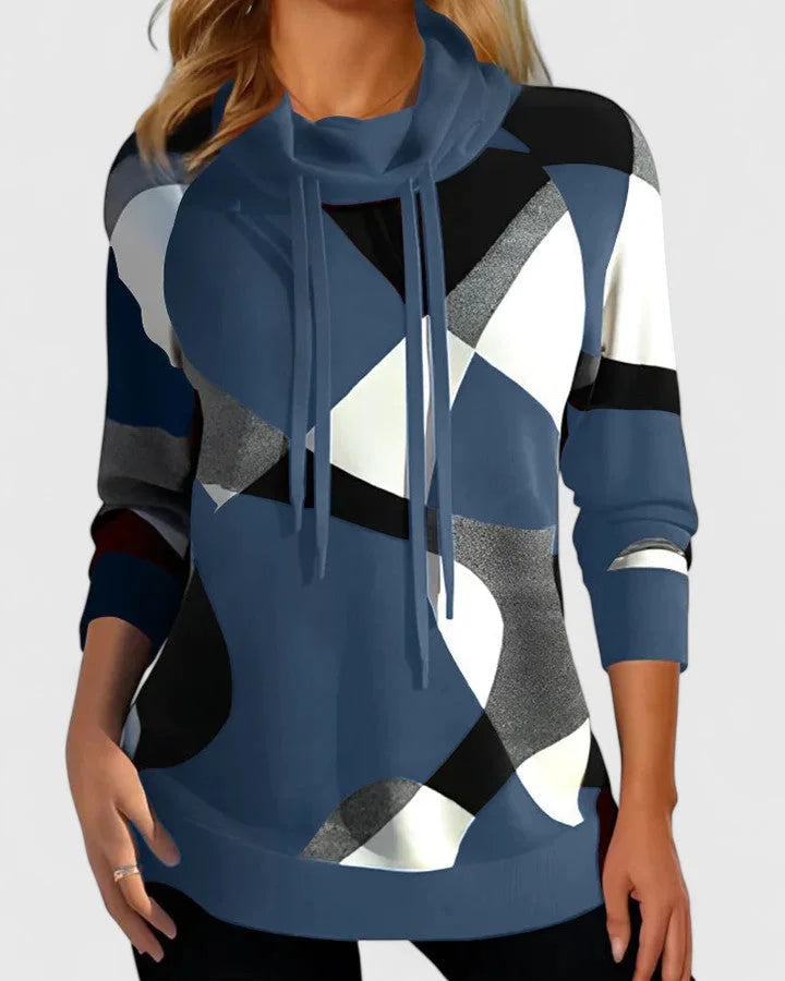 Women's knit jumper with cowl neck with drawstrings – Blue