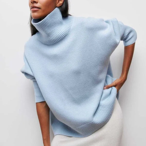 Women's knit roll neck jumper with ribbed cuffs – Blue