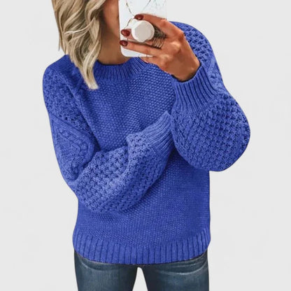 Women's knit crew neck jumper with textured balloon sleeve – Blue